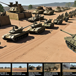 **Strategic Army Composition:** A battle scene overview. One force showcasing balanced infantry, tanks, and aircraft demonstrating effective unit synergies and tactical positioning. The other side displays weak point, and poor unit composition. Detailed combat log data overlaid (subtly) to visualize effectiveness.