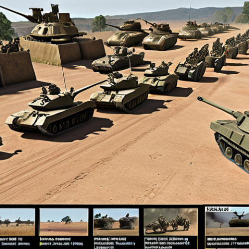 **Strategic Army Composition:** A battle scene overview. One force showcasing balanced infantry, tanks, and aircraft demonstrating effective unit synergies and tactical positioning. The other side displays weak point, and poor unit composition. Detailed combat log data overlaid (subtly) to visualize effectiveness.